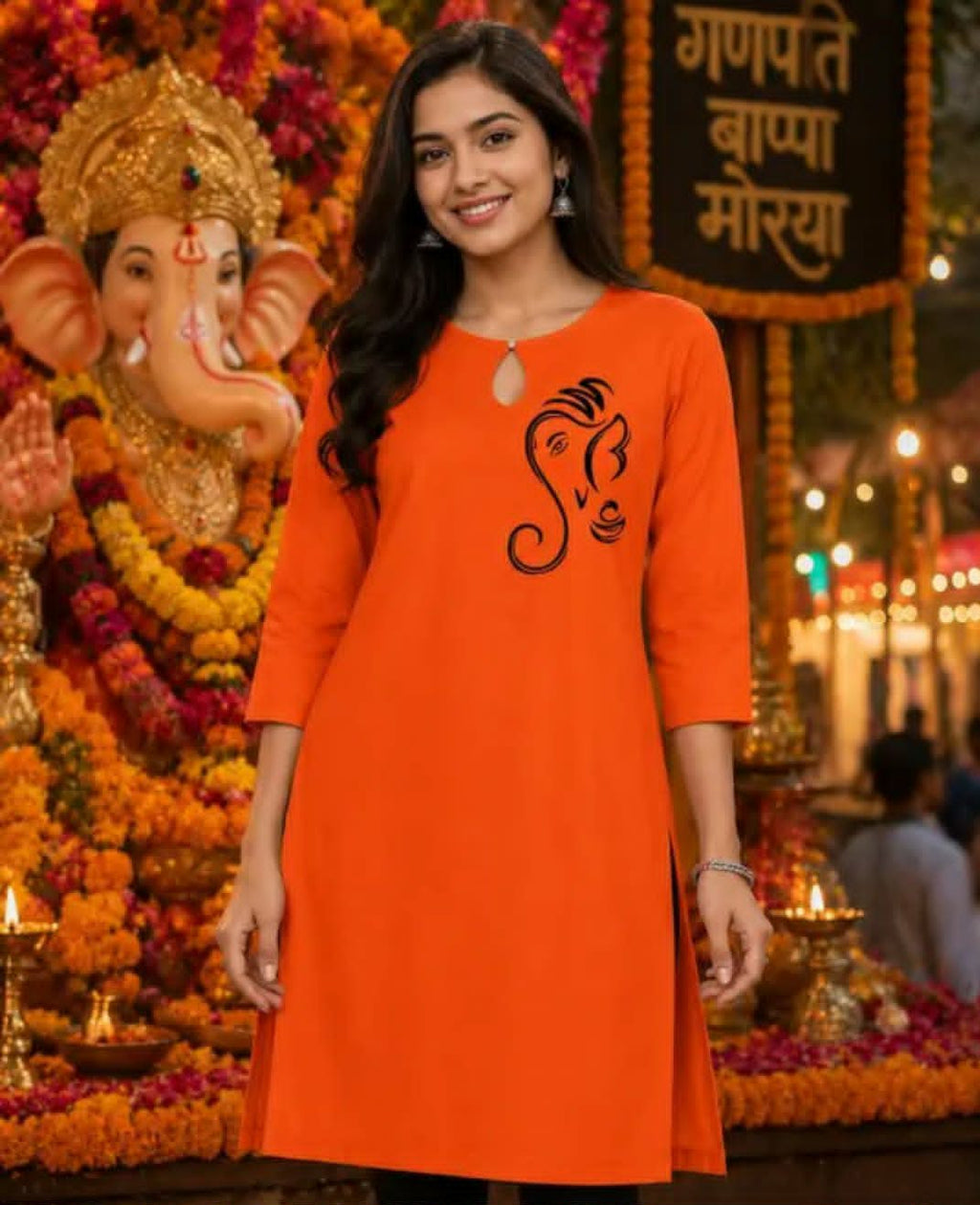 women's orange ganapati print kurti