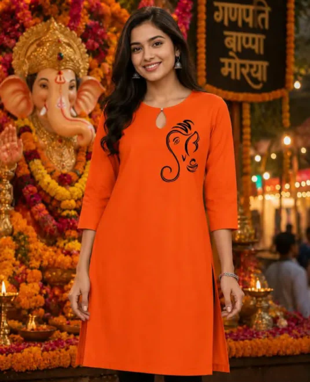 women's orange ganapati print kurti
